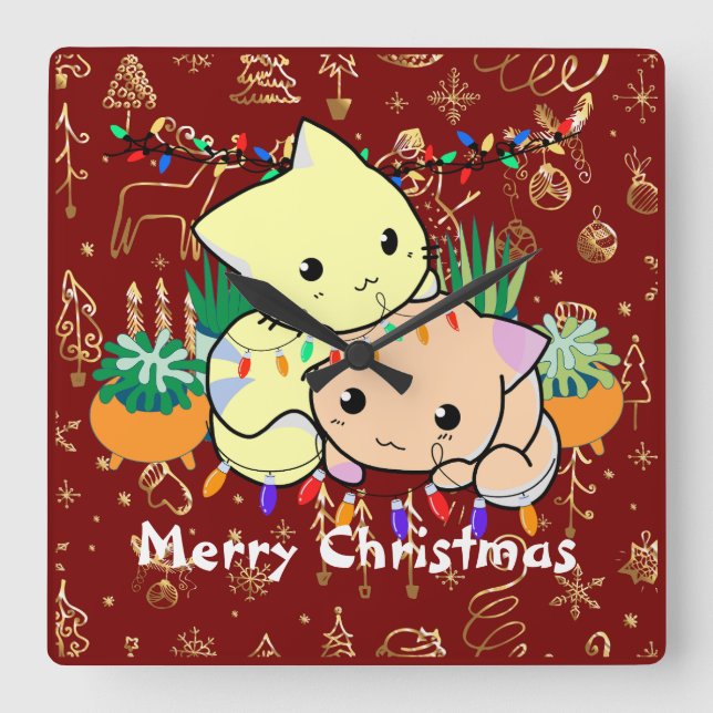 christmas cat cute, customize personalized text square wall clock (Front)