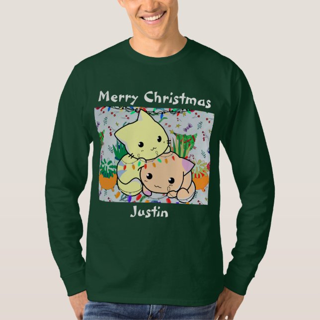 christmas cat cute, customize personalized text   T-Shirt (Front)