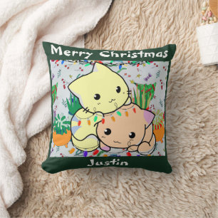christmas cat cute, customize personalized text throw pillow