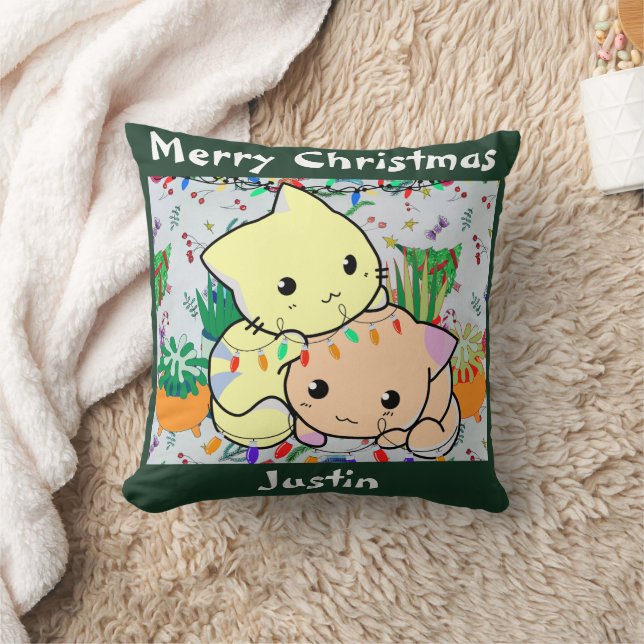 christmas cat cute, customize personalized text throw pillow (Blanket)