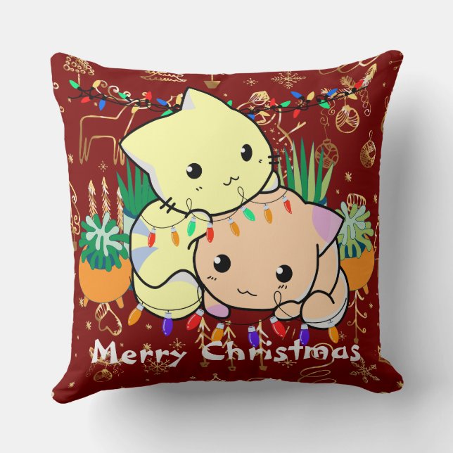 christmas cat cute, customize personalized text  throw pillow (Back)