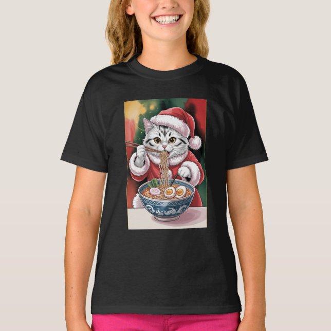 Christmas Cat Eating Ramen Holiday Tee (Front)