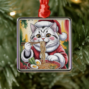 Christmas Cat Eating Ramen Ornament Holiday