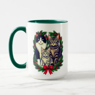 Christmas Cat Family with Evergreen Wreath Mug