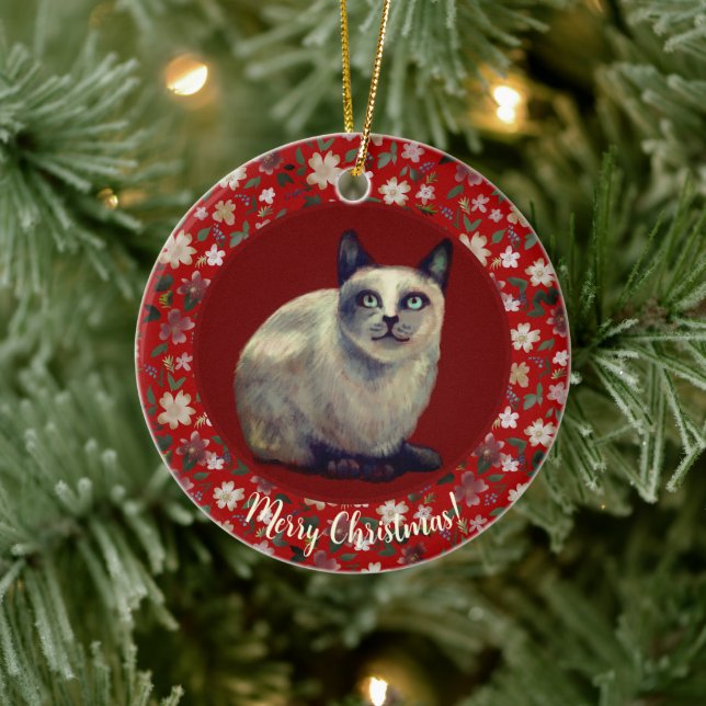 Christmas cat floral ceramic ornament (Tree)
