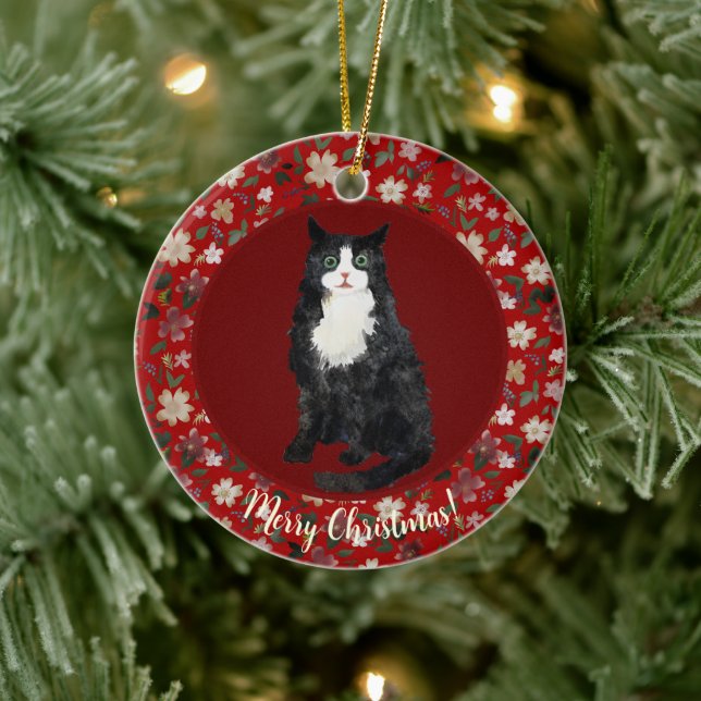 Christmas cat floral ceramic ornament (Tree)