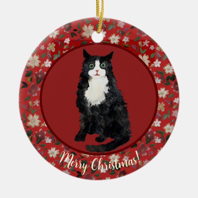 Christmas cat floral ceramic ornament (Front)