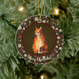 Christmas cat floral ceramic ornament