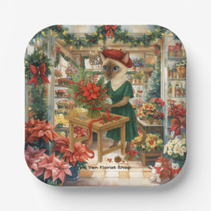 Christmas Cat Florist is arranging Flowers Paper Plate