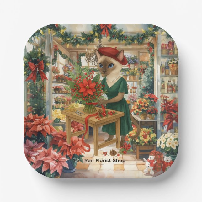 Christmas Cat Florist is arranging Flowers Paper Plate (Front)