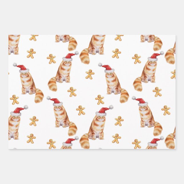Christmas Cat & Ginger Bread, Men Women & Kids Wrapping Paper Sheet (Front)