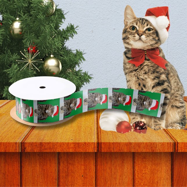 Christmas Cat Humbug Photo with Santa Hat Satin Ribbon (White Snowflakes with Red Background Satin Ribbon)