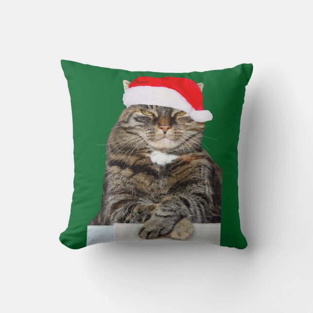 Christmas Cat Humbug Photo with Santa Hat Throw Pillow (Front)