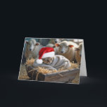 Christmas Cat In Barn Manger Holiday Card<br><div class="desc">A tabby cat wearing a Santa Claus cap rests comfortably snuggled under a blanket in a wooden barn manger filled with hay and sheep in the background.
All text can be changed.</div>