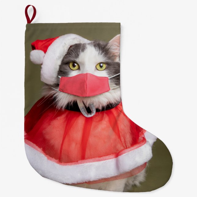 Christmas Cat in Face Mask Large Christmas Stocking (Front)