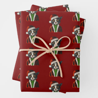 Christmas Cat in Santa Claus Coat Sweater Hat Wrapping Paper Sheet