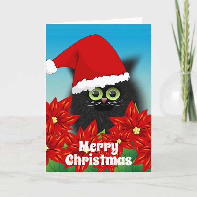 Christmas Cat in Santa Hat Amid Poinsettia Holiday Card (Front)