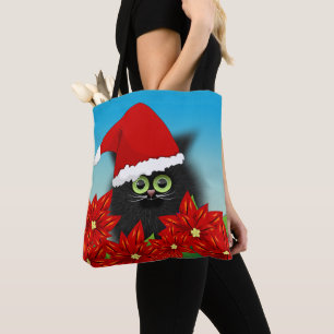 Christmas Cat in Santa Hat Amid Poinsettia Tote Bag