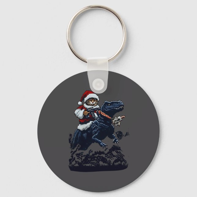 Christmas Cat In Santa Hat Holding A Gun And Dinos Keychain (Front)