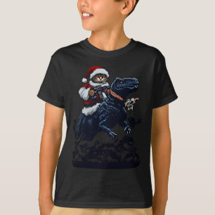 Christmas Cat In Santa Hat Holding A Gun And Dinos T-Shirt