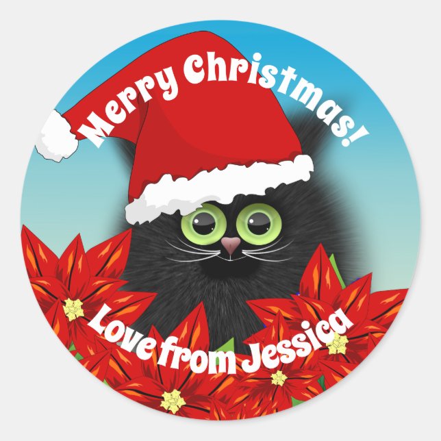 Christmas Cat in Santa Hat Poinsettia Custom Classic Round Sticker (Front)