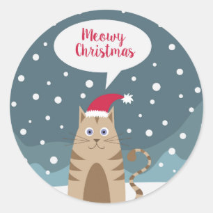 Christmas cat in snowy landscape holiday greetings classic round sticker