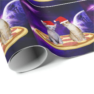 CHRISTMAS CAT IN SPACE PIZZA WRAPPING PAPER