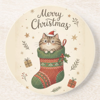 Christmas Cat in Stocking Coaster