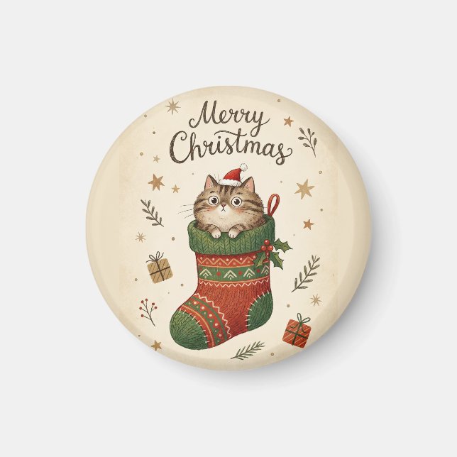 Christmas Cat in Stocking Magnet (Front)