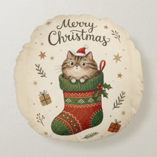 Christmas Cat in Stocking Round Pillow
