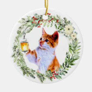 Christmas Cat in Wreath with lantern Personalized Ceramic Ornament