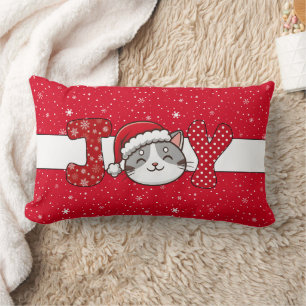 Christmas Cat "JOY" Red White Snowflake & Dots Lumbar Pillow