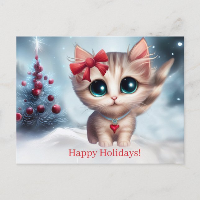 Christmas Cat Kitty and Tree Holiday Postcard (Front)