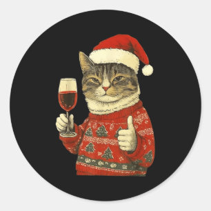 Christmas Cat Likes Cute Cat Drinking Wine With Sa Classic Round Sticker