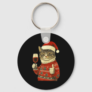 Christmas Cat Likes Cute Cat Drinking Wine With Sa Keychain