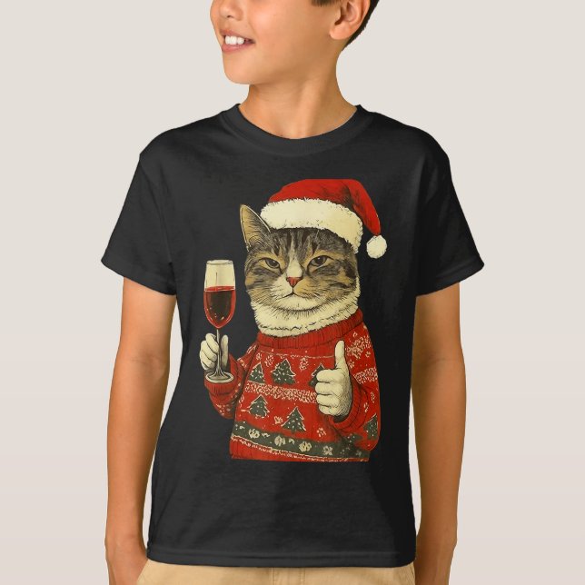 Christmas Cat Likes Cute Cat Drinking Wine With Sa T-Shirt (Front)