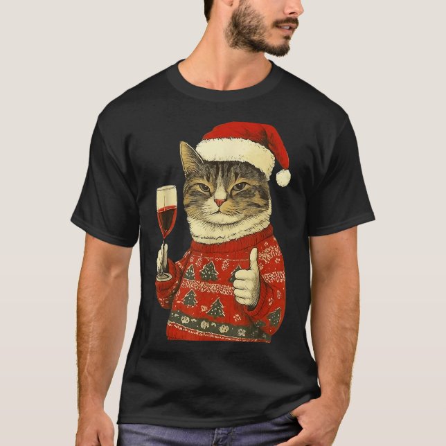 Christmas Cat Likes Cute Cat Drinking Wine With Sa T-Shirt (Front)