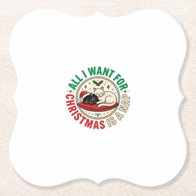 Christmas Cat Nap Holiday Design Paper Coaster (Front)