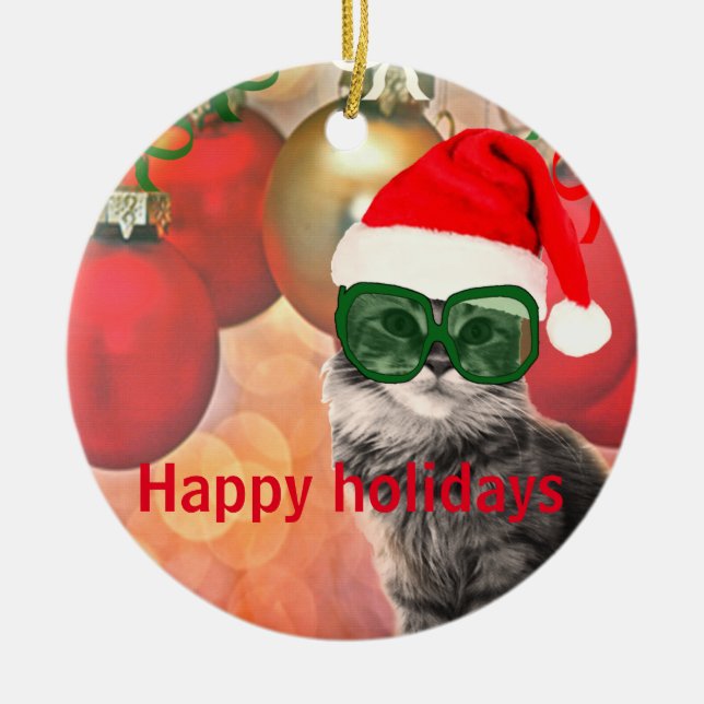 Christmas Cat on a christmas ball background Ceramic Ornament (Front)