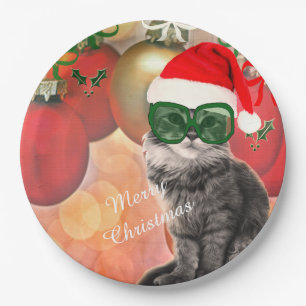 Christmas Cat on a christmas ball background Paper Plate