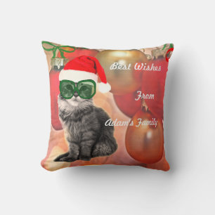 Christmas Cat on baubles background Throw Pillow
