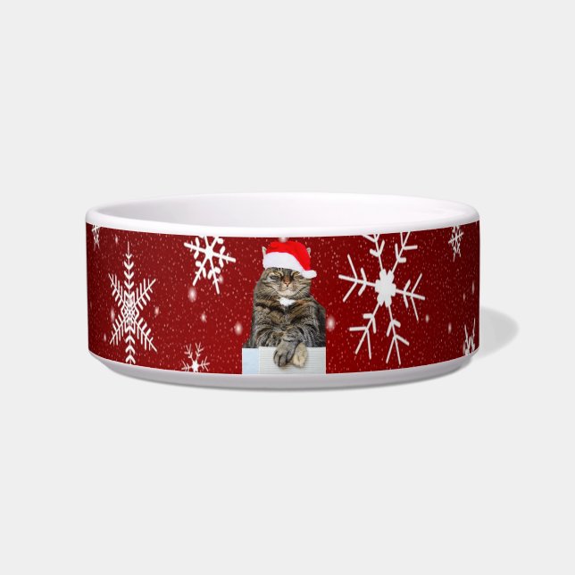 Christmas Cat Photo in Santa Hat Snowflake in Red Bowl (Front)