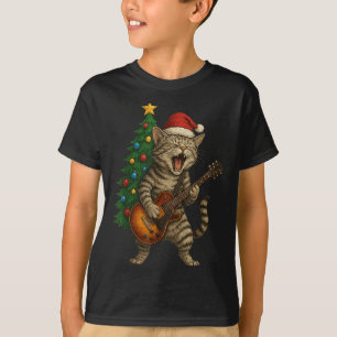 Christmas Cat Playing Guitar Rock And Roll Star Ca T-Shirt