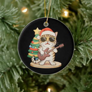 Christmas Cat Playing Guitar Rock Jazz Xmas Hat Ceramic Ornament