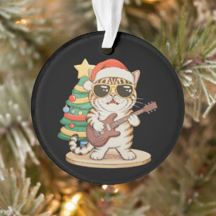 Christmas Cat Playing Guitar Rock Jazz Xmas Hat Ornament