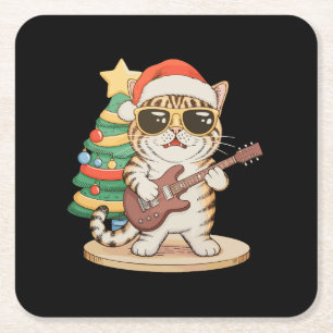 Christmas Cat Playing Guitar Rock Jazz Xmas Hat Square Paper Coaster