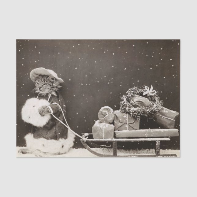 Christmas Cat Pulling a Sled of Presents Tissue Paper (Front)