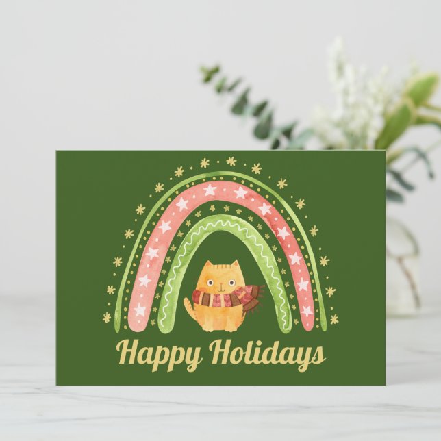 Christmas Cat & Rainbow Personalized Holiday Card (Standing Front)