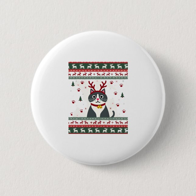Christmas Cat Reindeer Ugly Christmas Sweater T-Sh 2 Inch Round Button (Front)