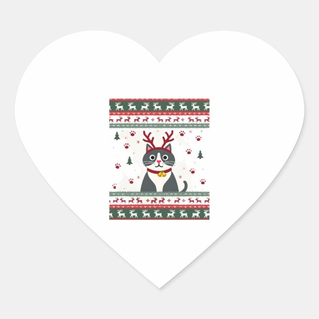 Christmas Cat Reindeer Ugly Christmas Sweater T-Sh Heart Sticker (Front)